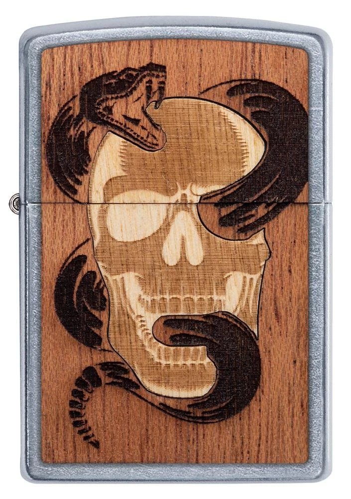 Zippo WOODCHUCK USA Skull & Snake 100% Real Wood, Street Chrome Lighter #49042