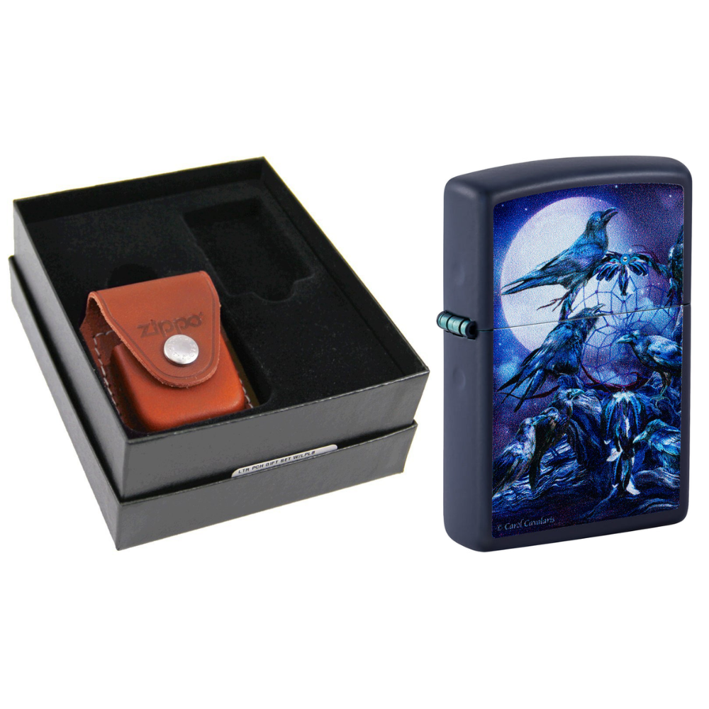 Zippo Raven Dreams Navy Matte & Leather Pouch Gift Set #LPGS-LPLB-46746