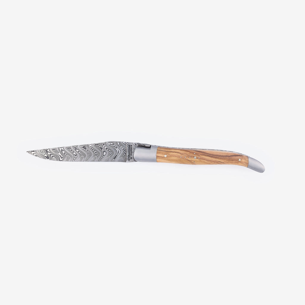 Laguiole en Aubrac Balbach Damascus Double Plated Knife Olive Wood Handle 4.7"