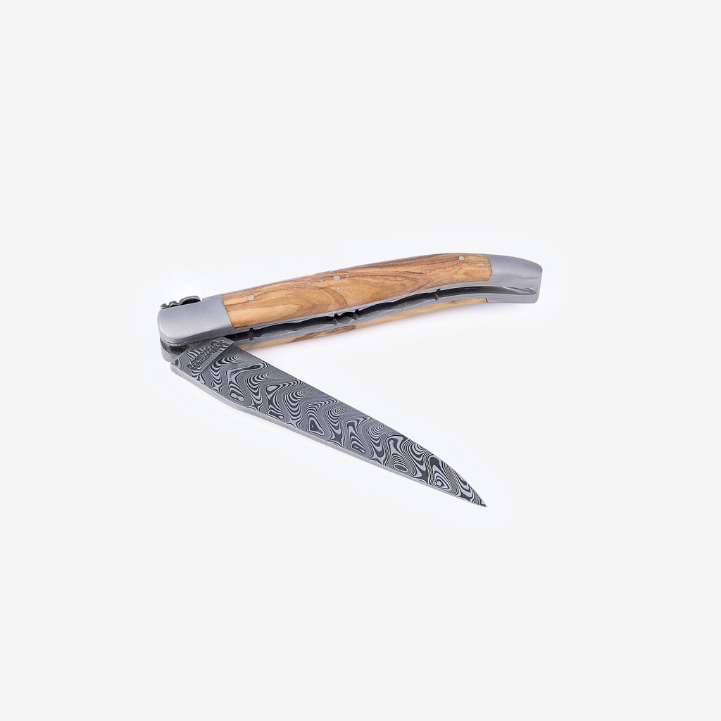 Laguiole en Aubrac Balbach Damascus Double Plated Knife Olive Wood Handle 4.7"