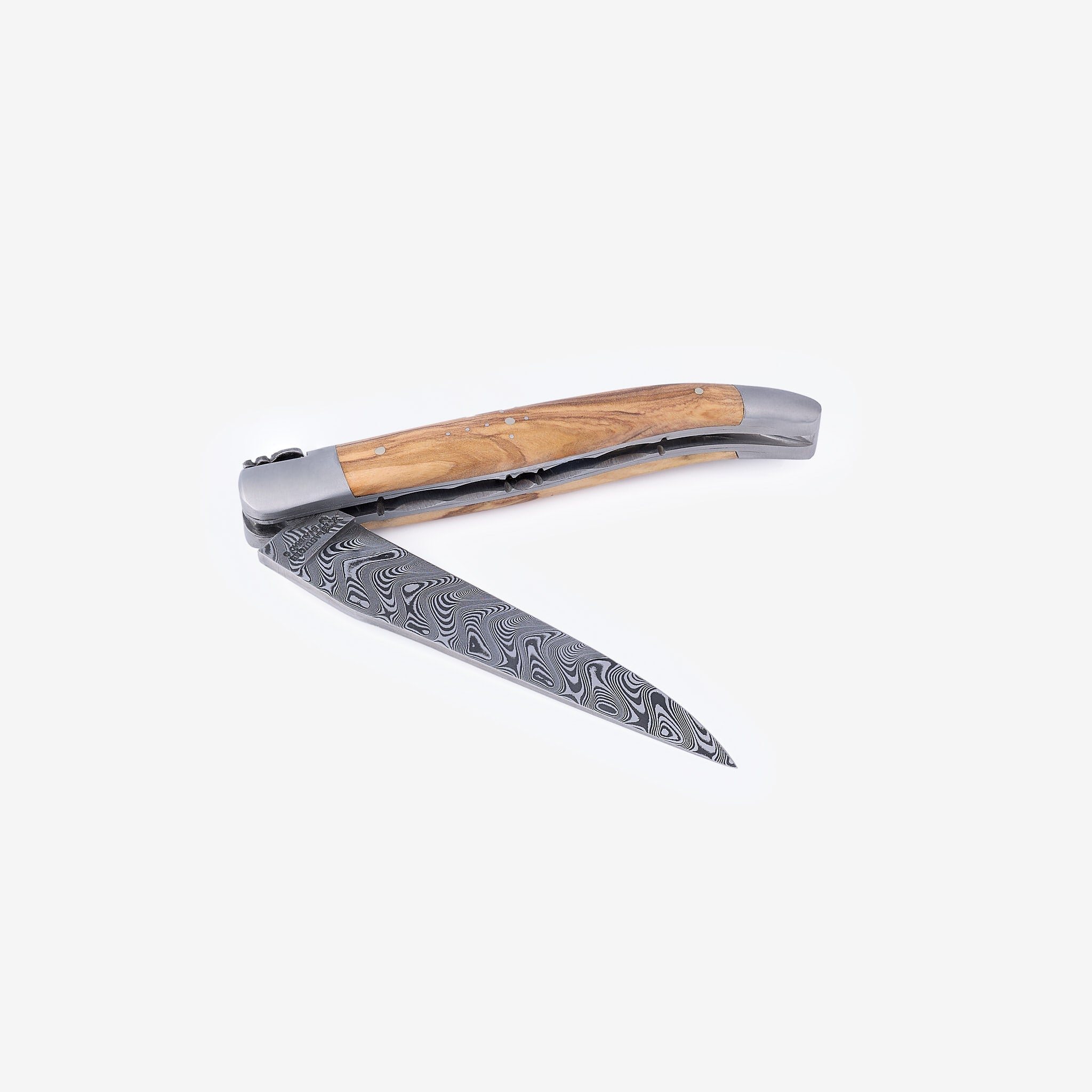 Laguiole en Aubrac Balbach Damascus Double Plated Knife Olive Wood Handle 4.7"