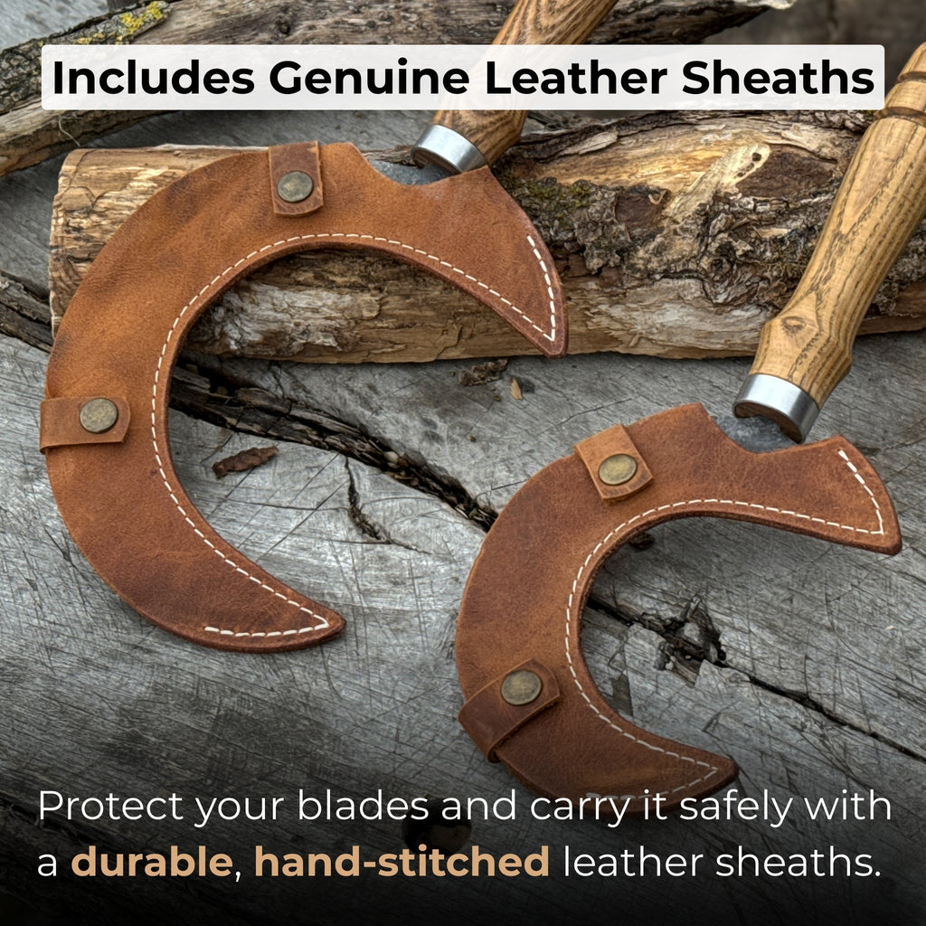 2-Piece Hand-Forged Sickle Set with Hand-Stitched Leather Sheaths - Sharky Forged Steel Tools