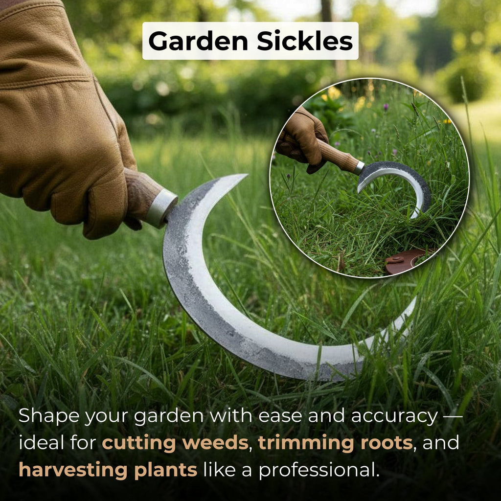 2-Piece Hand-Forged Sickle Set with Leather Sheaths for Gardening - Sharky Forged Steel Tools