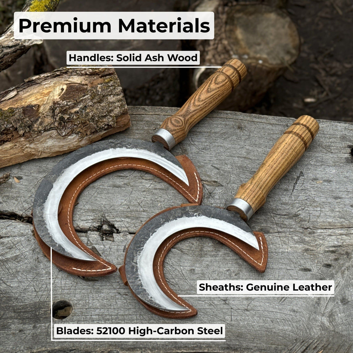 2-Piece Hand-Forged Sickle Set with Ash Wood Handles and Leather Sheaths - Relic & Reel