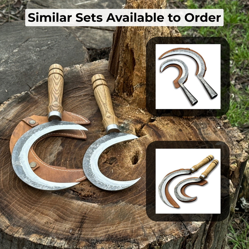 2-Piece Hand-Forged Sickle Set with Leather Sheaths for Gardening - Sharky Forged Steel Tools