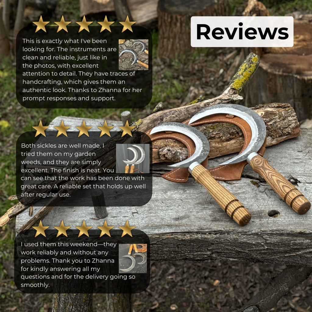 2-Piece Hand-Forged Sickle Set with Leather Sheaths for Gardening - Sharky Forged Steel Tools
