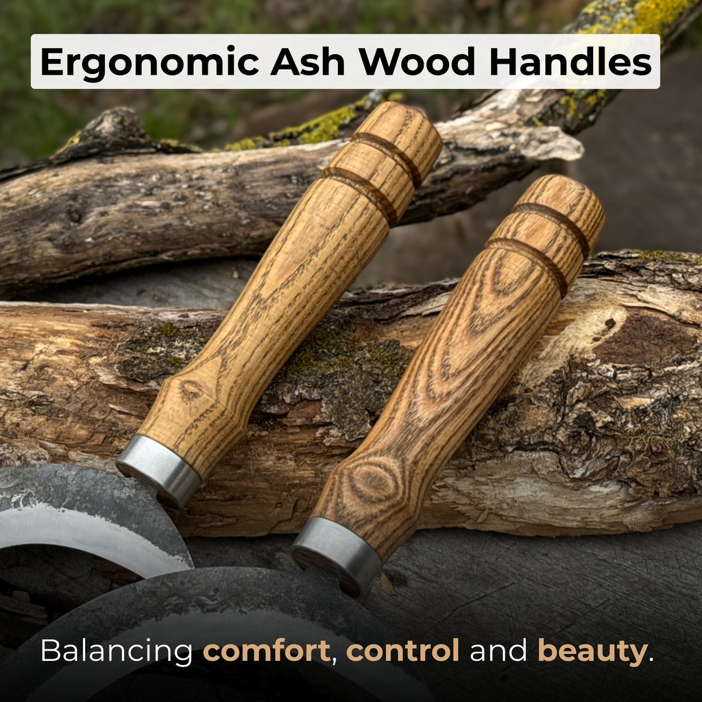 Ergonomic ash wood handles on Sharky Forged Steel Tools sickles - Relic & Reel
