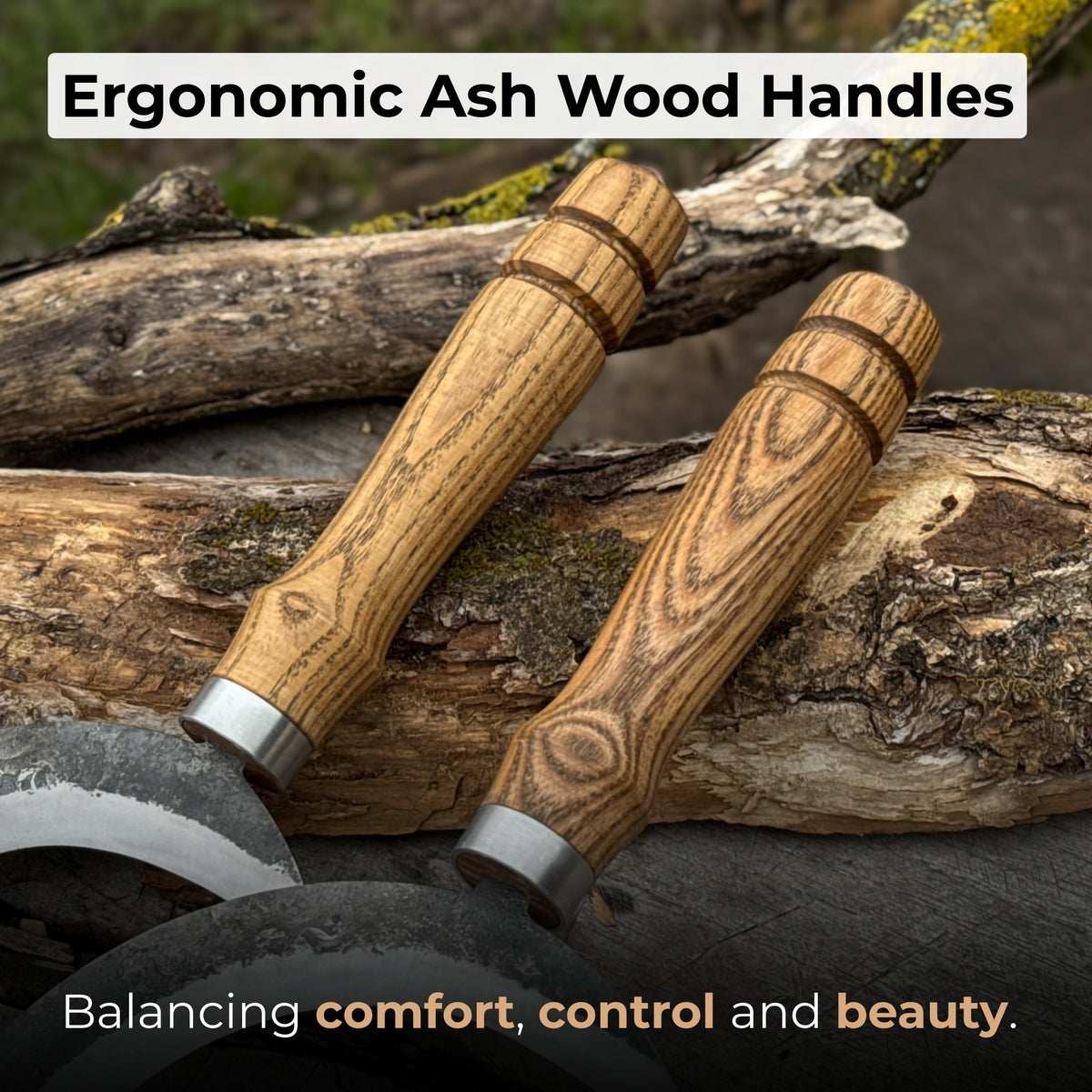 Ergonomic ash wood handles on Sharky Forged Steel Tools sickles - Relic & Reel