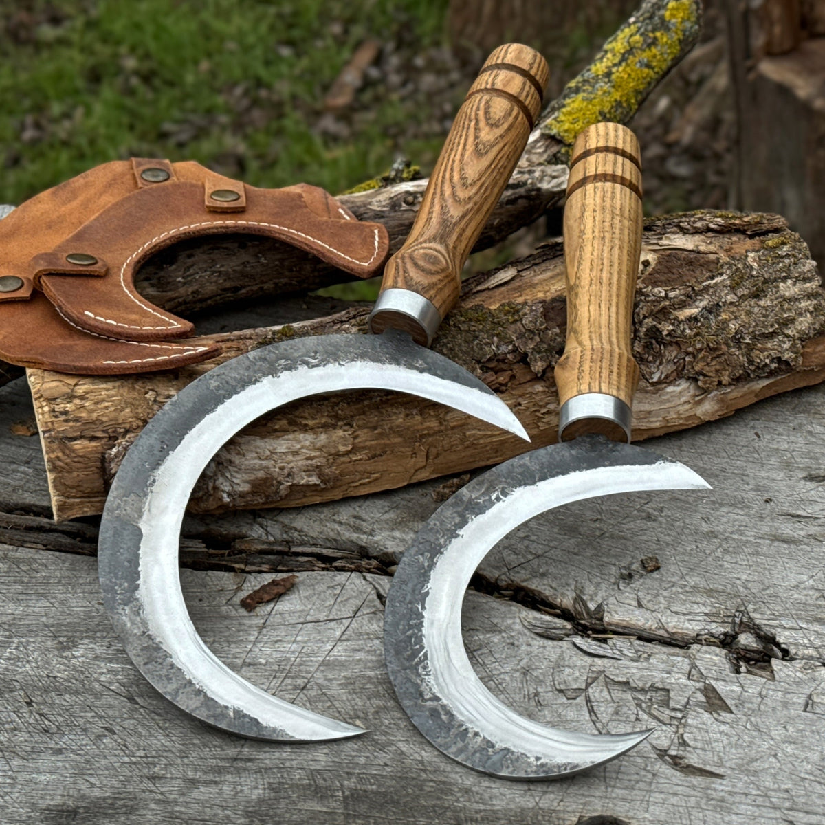 2-Piece Hand-Forged Sickle Set with Leather Sheaths - Sharky Forged Steel Tools | Relic & Reel