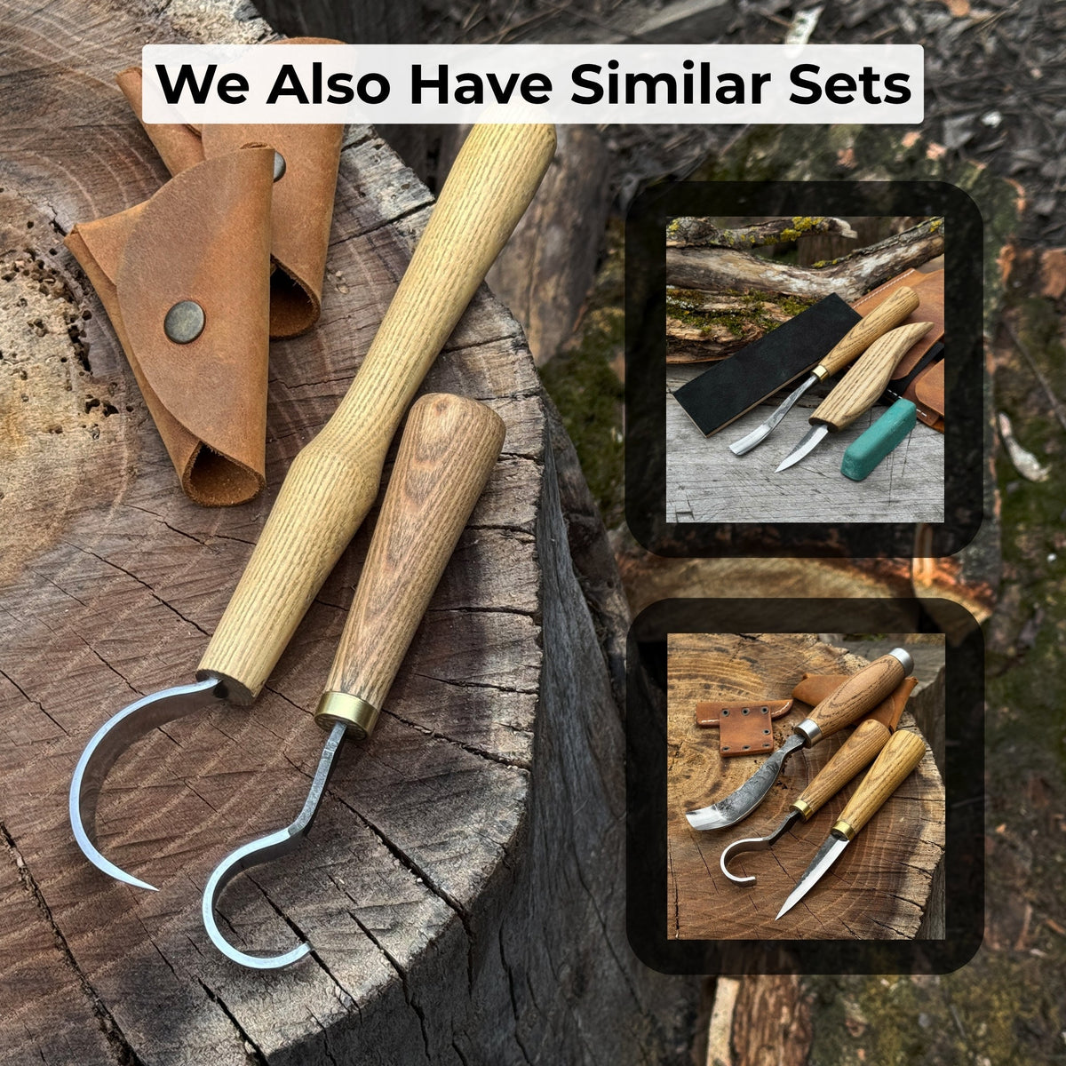 Two-piece spoon carving hook knife set by Sharky Forged Steel Tools, featuring ergonomic handles for detailed wood carving.