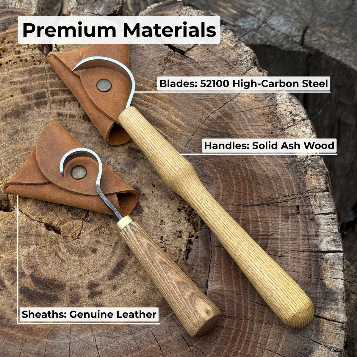 Sharky Forged Steel Tools 2-piece spoon carving hook knife set with wooden handles, ideal for detailed wood carving projects.