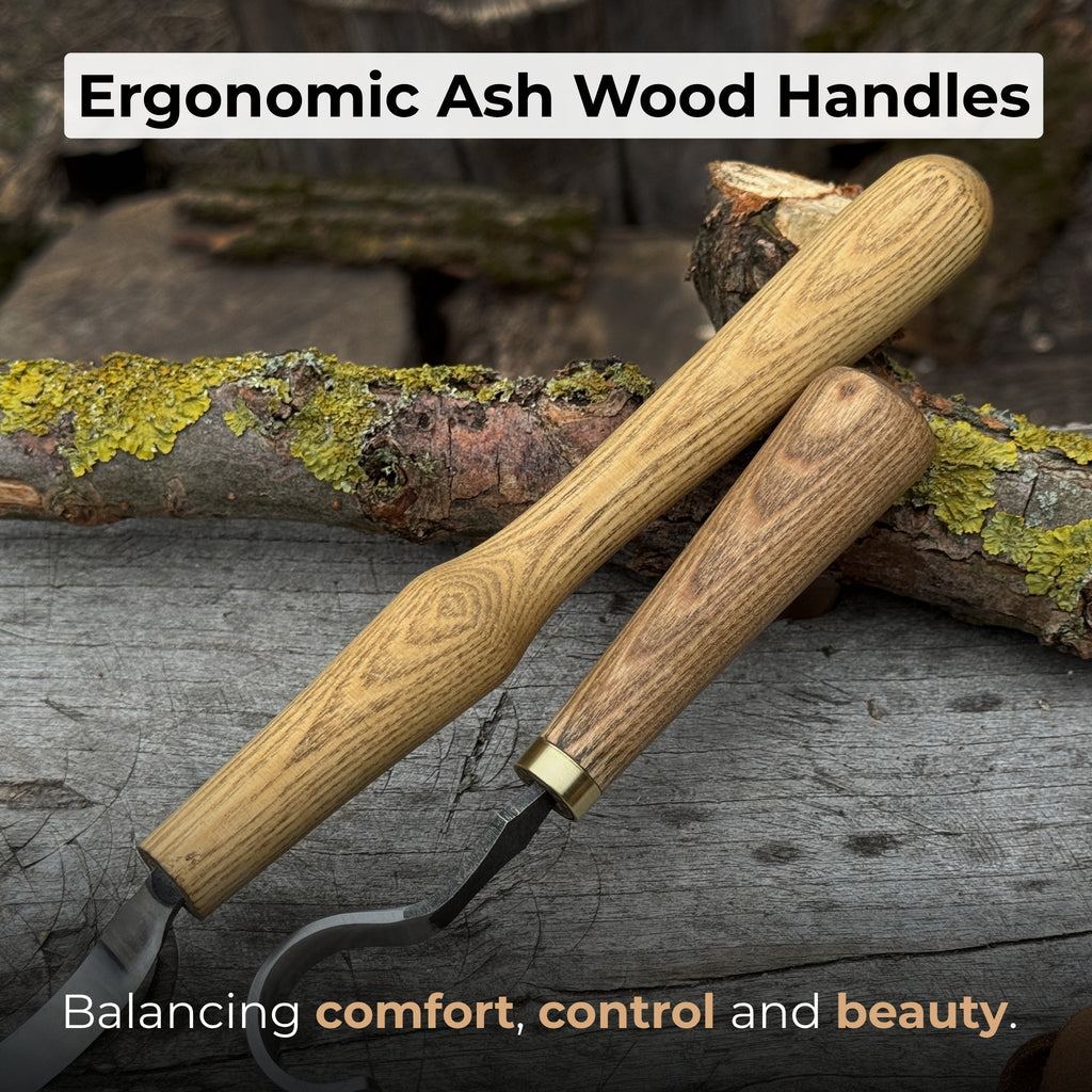Two-piece spoon carving hook knife set by Sharky Forged Steel Tools, featuring ergonomic handles and sharp carving blades.
