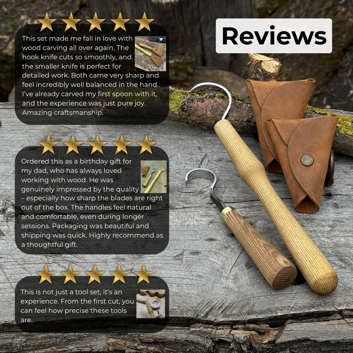 Two-piece Spoon Carving Hook Knife Set by Sharky Forged Steel Tools, featuring precision carving knives for woodwork.