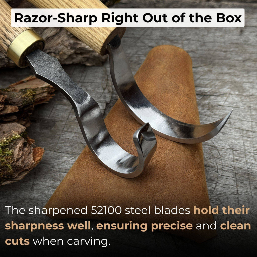 Sharky Forged Steel Tools 2-piece spoon carving hook knife set with ergonomic handles for detailed wood carving.