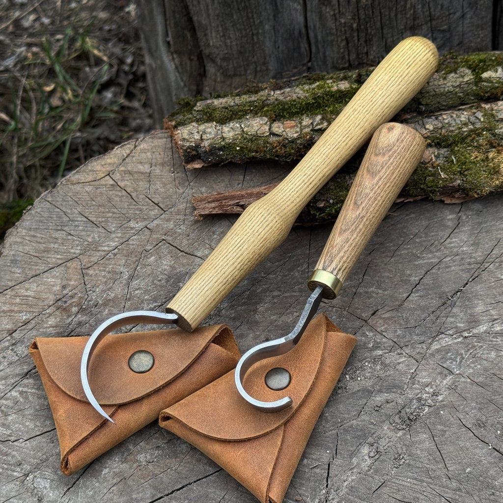 Two-piece spoon carving hook knife set by Sharky Forged Steel Tools, featuring durable blades for woodworking and carving projects.