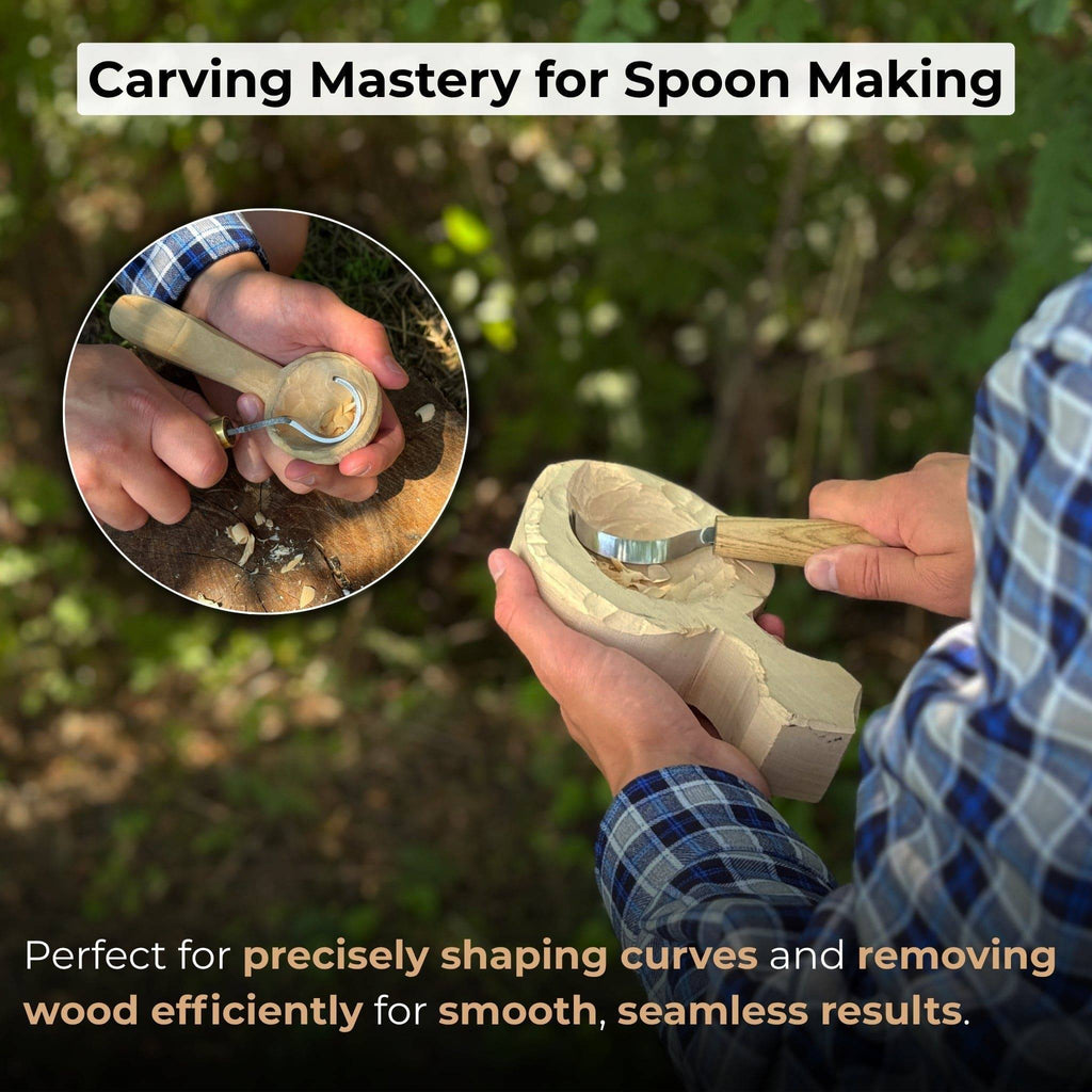Two-piece Spoon Carving Hook Knife Set by Sharky Forged Steel Tools, featuring ergonomic handles and sharp curved blades for wood carving.