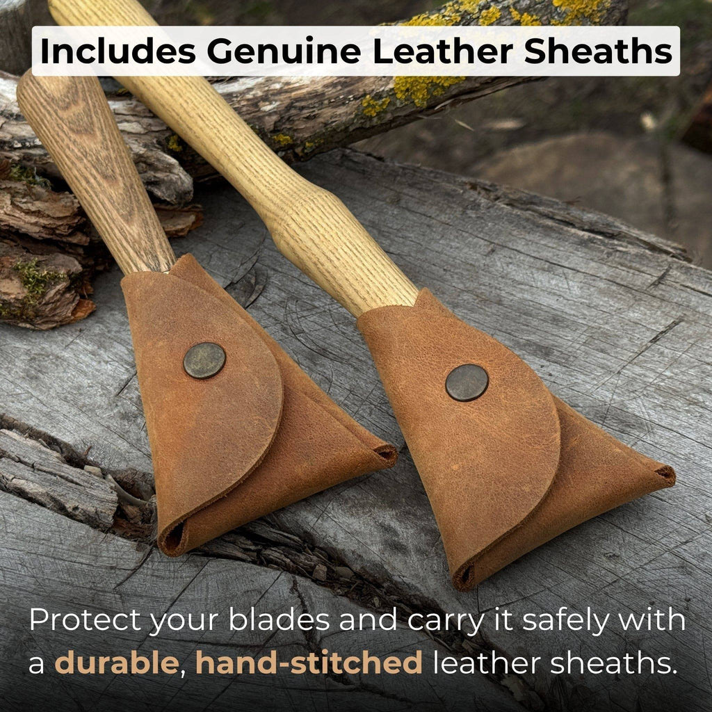 Two-piece spoon carving hook knife set by Sharky Forged Steel Tools, featuring durable blades for detailed woodworking.