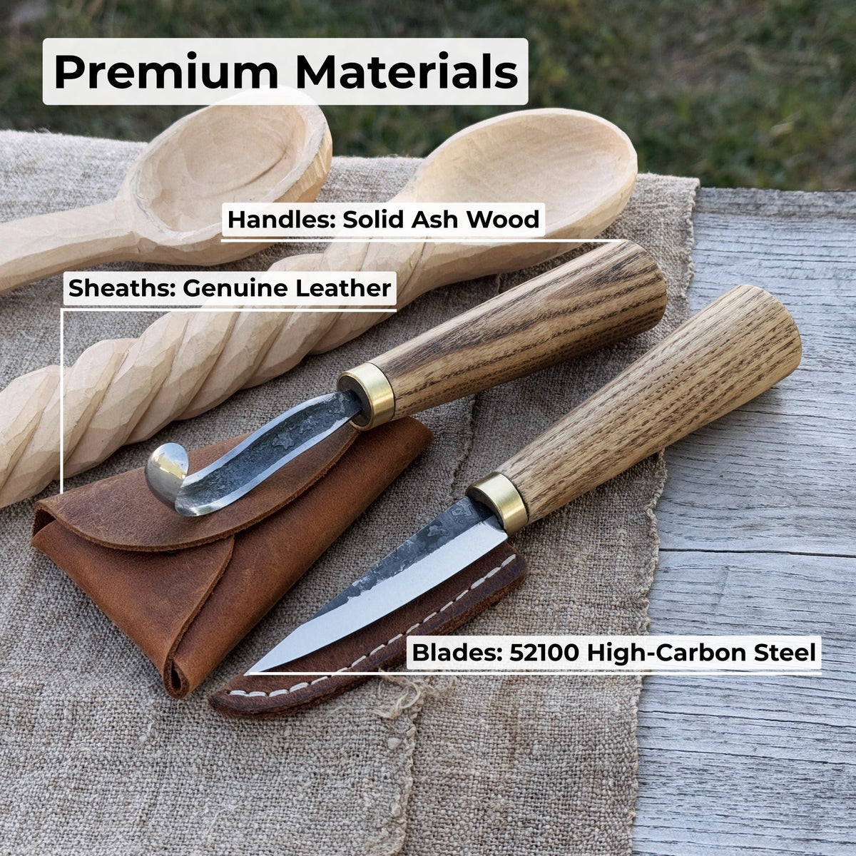 Sharky Forged Steel Tools 2-piece spoon carving knife set with leather sheaths, featuring precision blades for detailed wood carving.