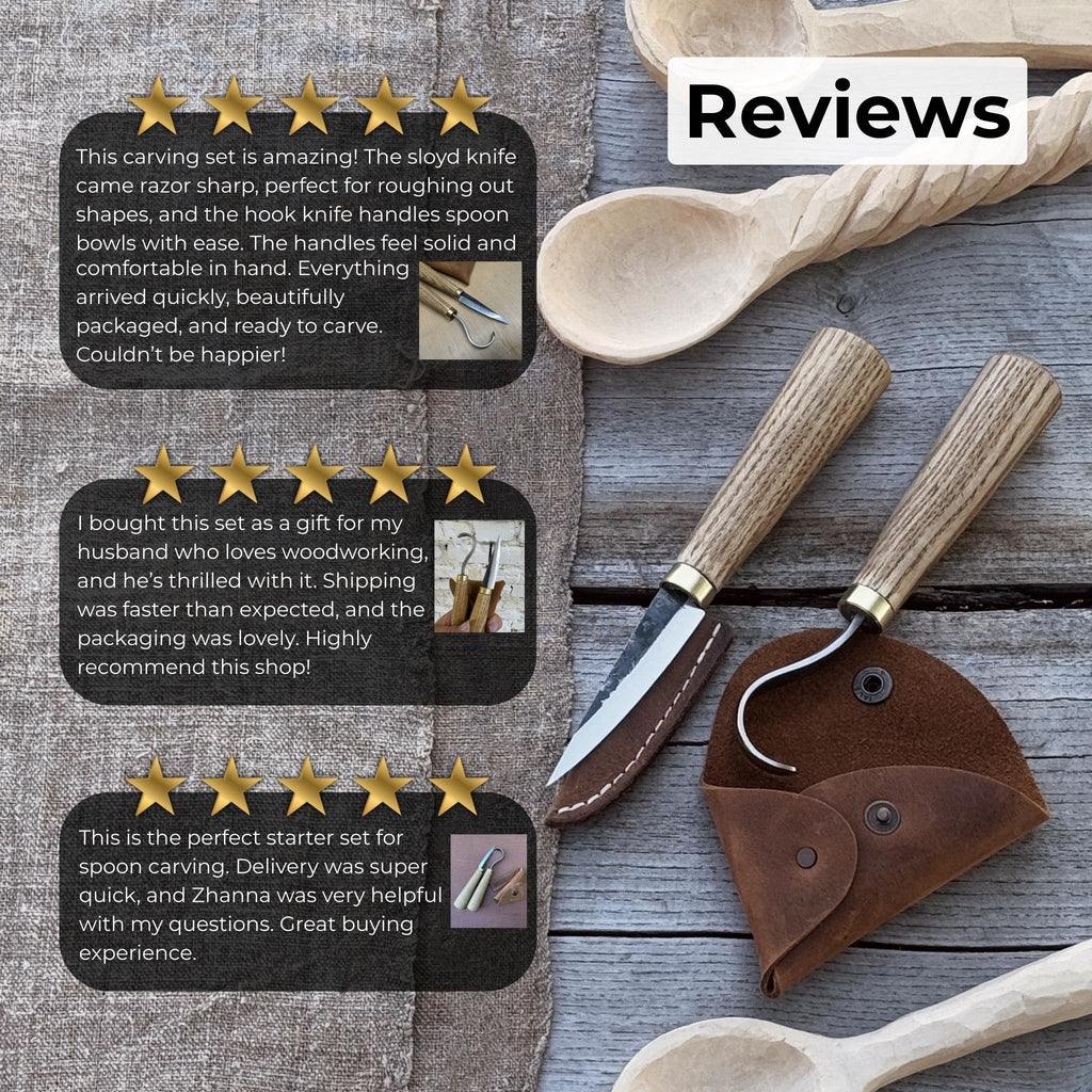 Sharky Forged Steel Tools 2-piece spoon carving knife set with leather sheaths, featuring precision blades for detailed wood carving.