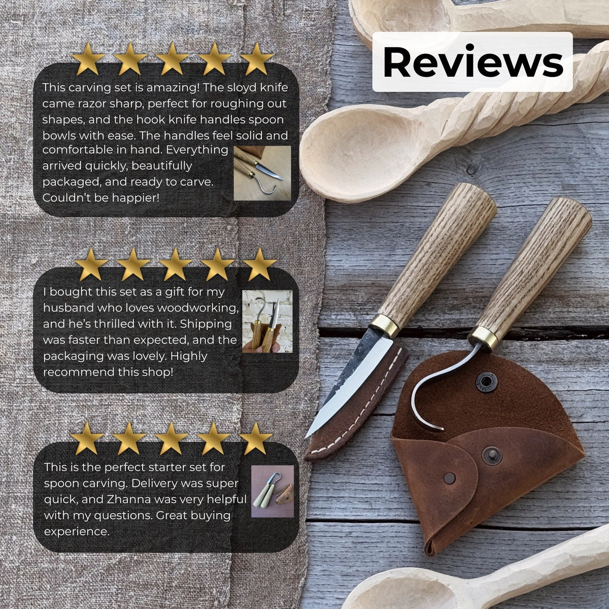 Sharky Forged Steel Tools 2-piece spoon carving knife set with leather sheaths, featuring precision blades for detailed wood carving.