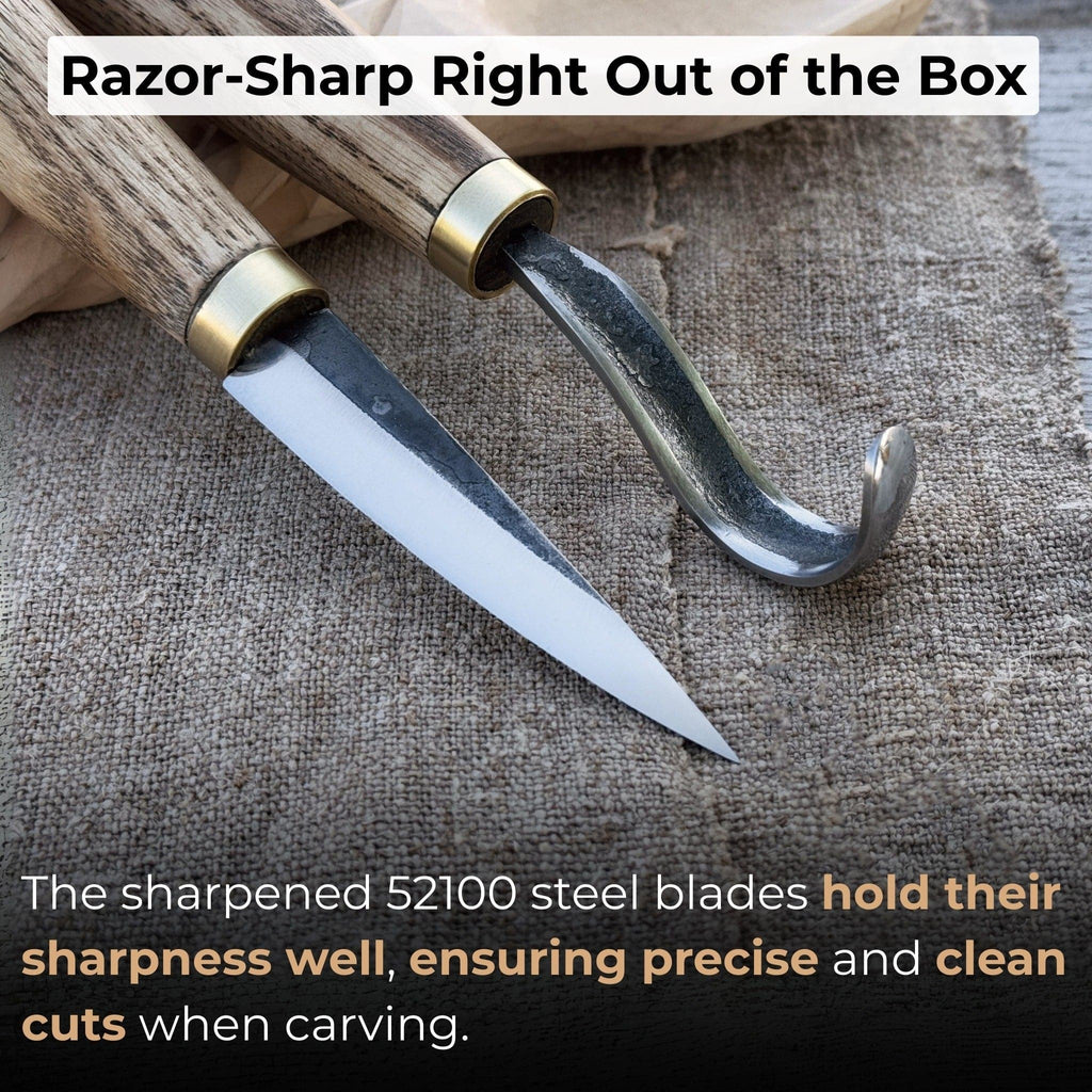 Sharky Forged Steel Tools 2-piece spoon carving knife set with leather sheaths, featuring sharp blades for detailed wood carving.