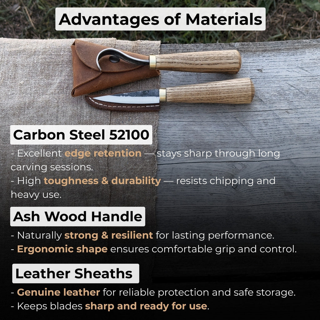 Sharky Forged Steel Tools 2-piece spoon carving knife set with leather sheaths, featuring stainless steel blades and ergonomic handles.