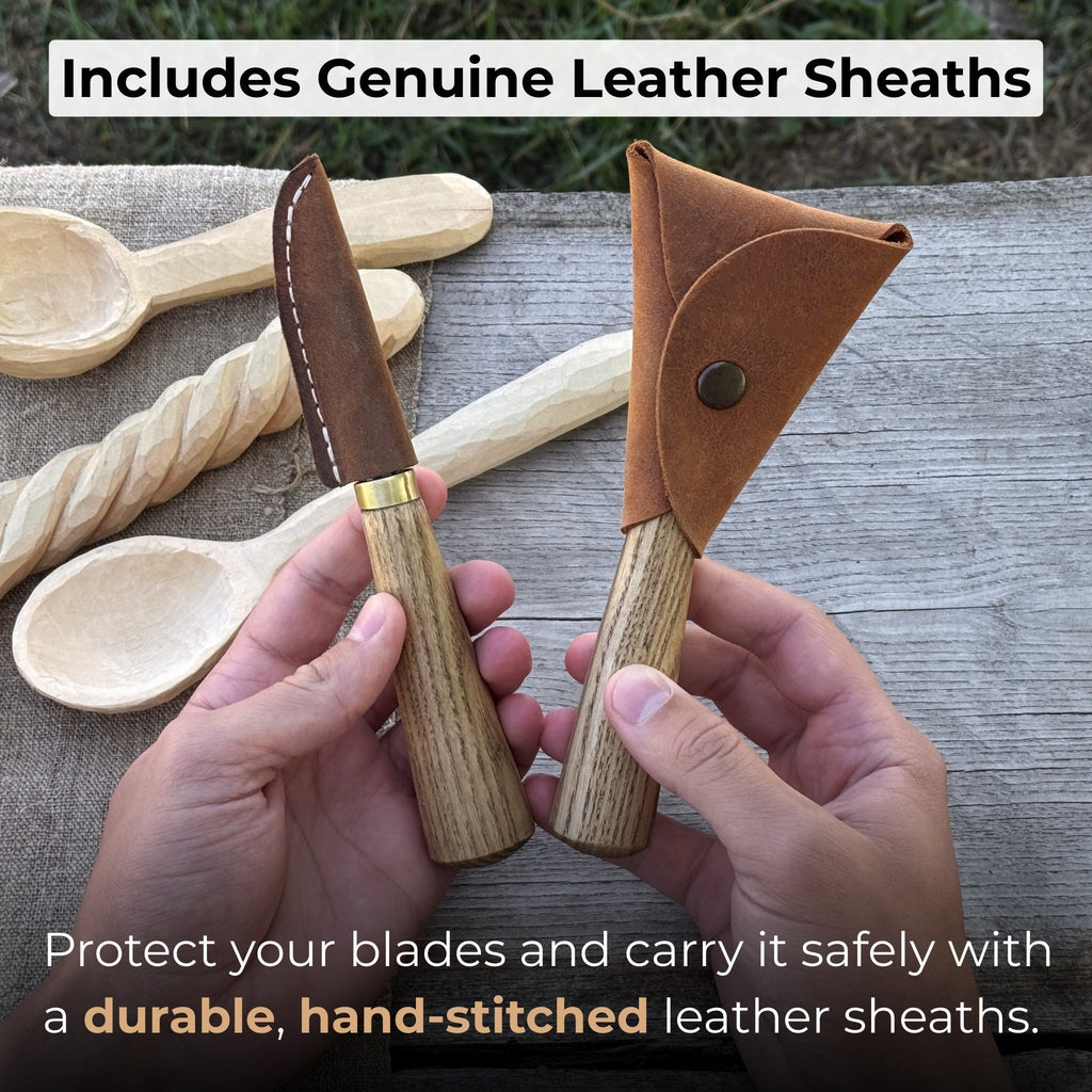 Sharky Forged Steel Tools 2-piece spoon carving knife set with leather sheaths, featuring ergonomic handles and sharp blades.