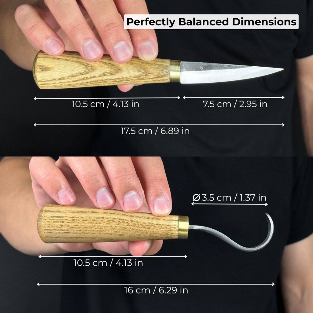 Sharky Forged Steel Tools 2-piece spoon carving knife set with leather sheaths, featuring ergonomic handles and durable blades.