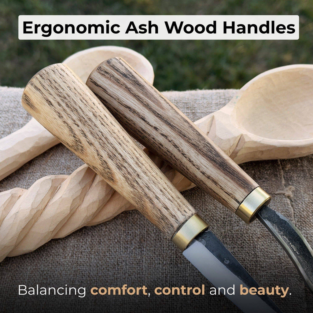 Sharky Forged Steel Tools 2-piece spoon carving knife set with leather sheaths, featuring stainless steel blades and ergonomic handles.