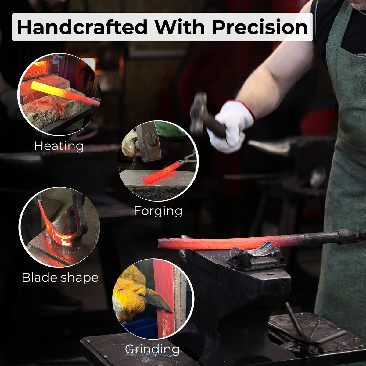 Hand-forged steel process showing heating, forging, blade shape, and grinding - Sharky Forged Steel Tools