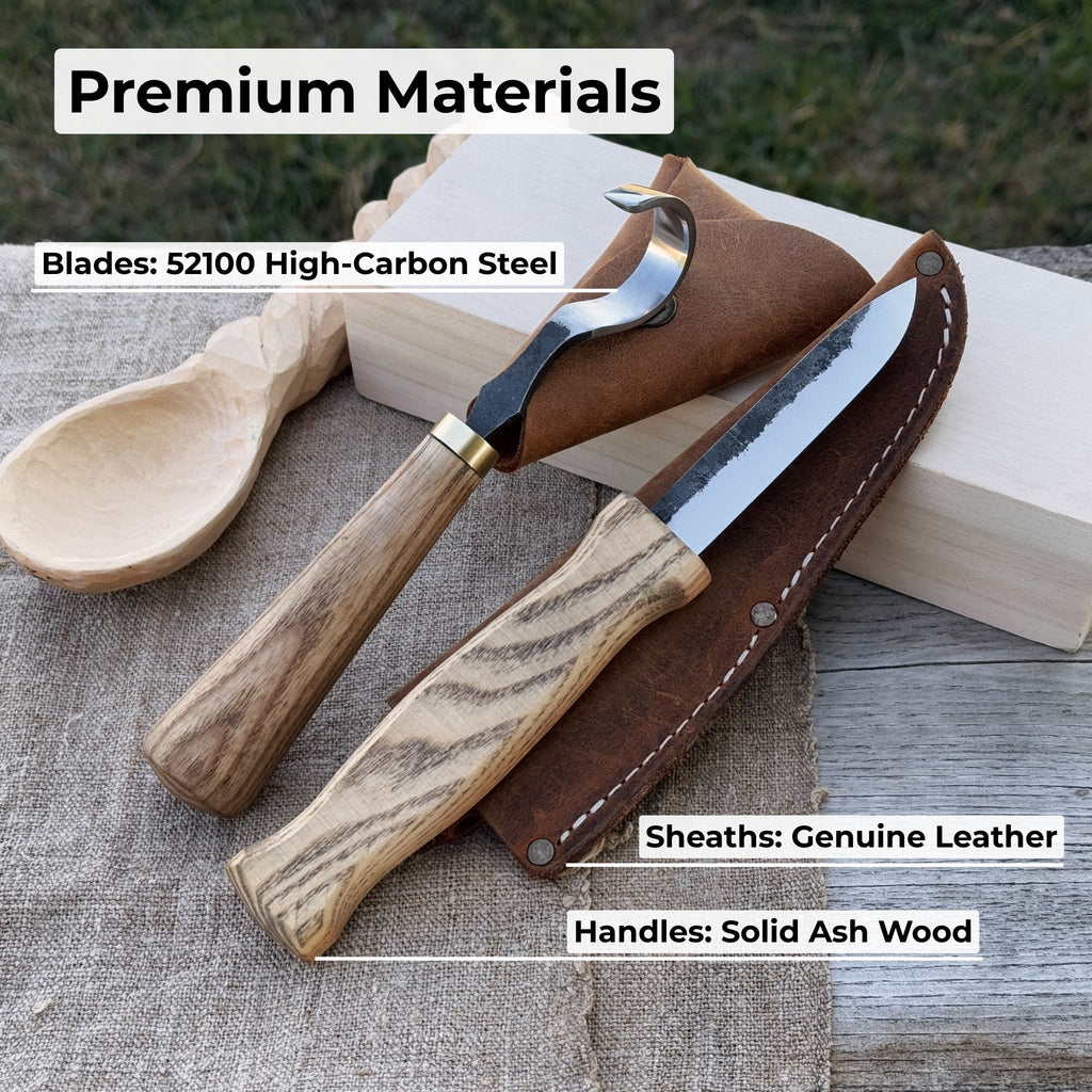 2-Piece Spoon Carving Knife Set with Ash Wood Handles and Leather Sheaths - Sharky Forged Steel Tools