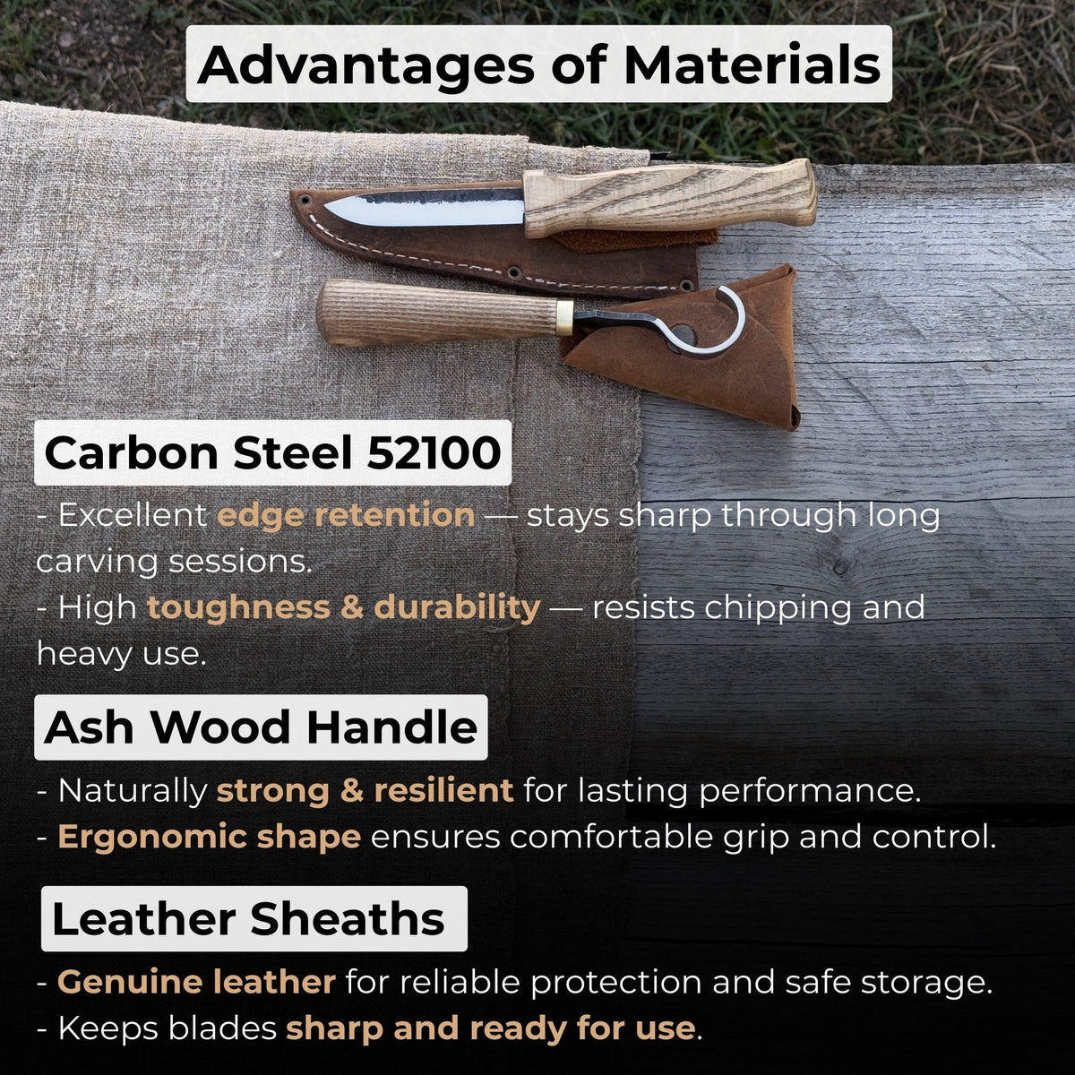2-Piece Spoon Carving Knife Set with Ash Wood Handles and Leather Sheaths - Relic & Reel