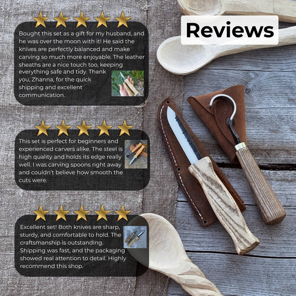 2-Piece Spoon Carving Knife Set with Leather Sheaths by Sharky Forged Steel Tools - Relic & Reel