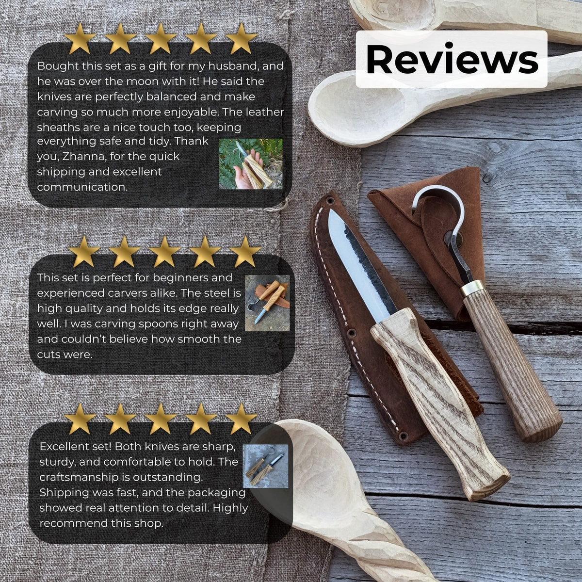 2-Piece Spoon Carving Knife Set with Leather Sheaths by Sharky Forged Steel Tools - Relic & Reel
