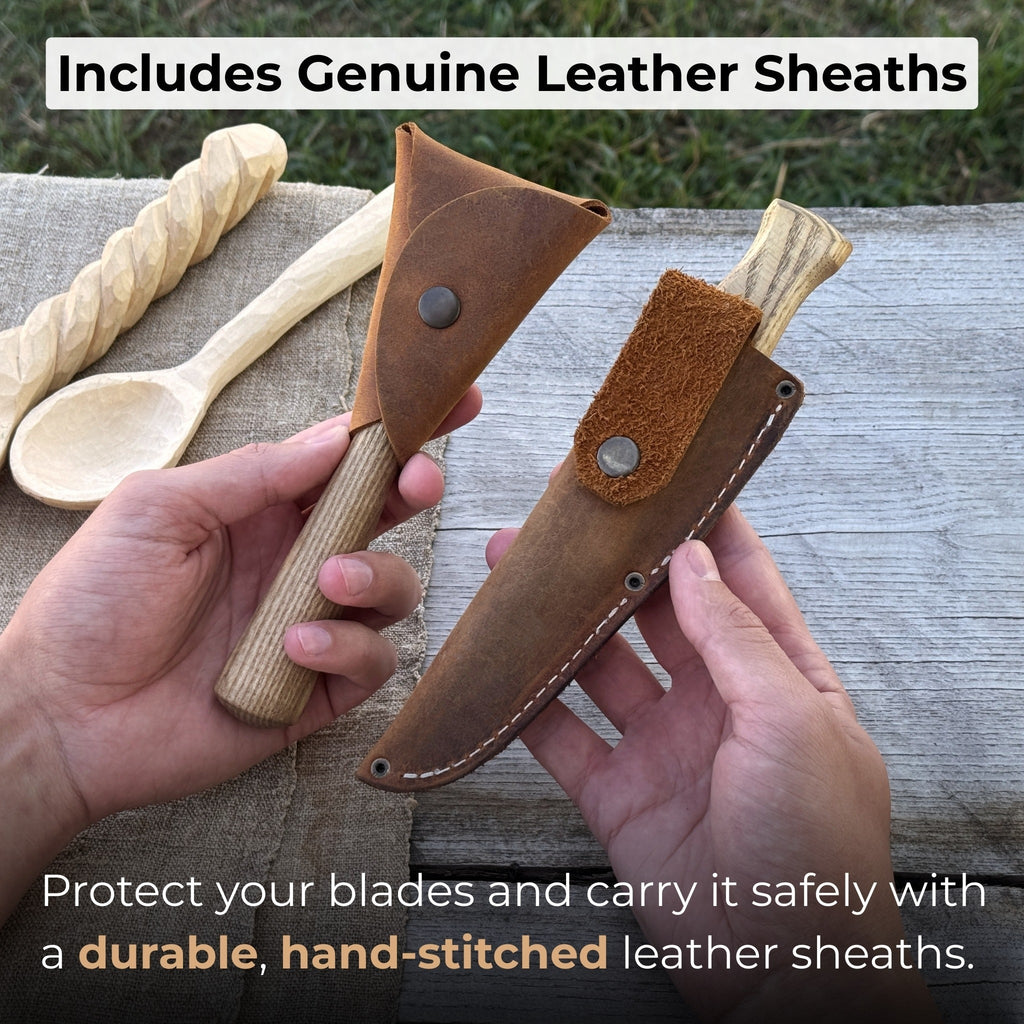 2-Piece Spoon Carving Knife Set with Leather Sheaths - Sharky Forged Steel Tools | Relic & Reel