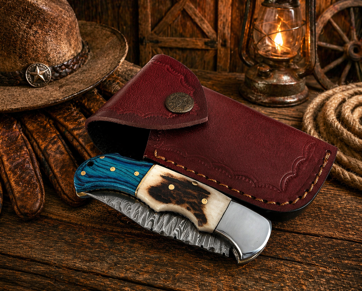 Hand forged Damascus pocket knife by SHAM KNIVES featuring engraved blade, stag horn, and blue Pakka wood handle.