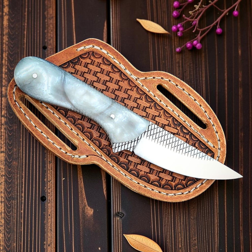 The Silver Spur – Custom Handmade Farrier Rasp Steel Knife with Pearl Resin Handle & Leather Sheath