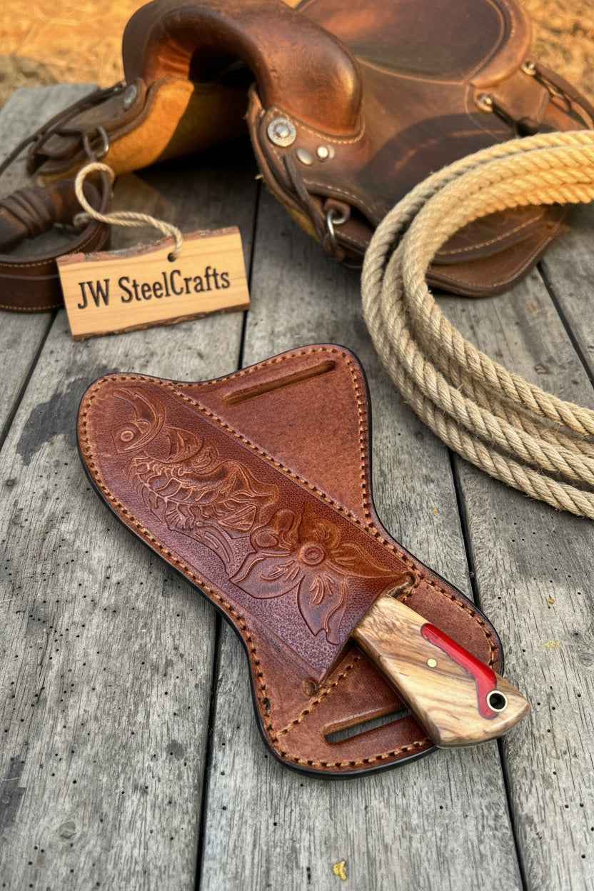 Handmade JW SteelCrafts Rancher's Dualwood cowboy knife with a 7-inch blade, featuring a Pakka and olive wood handle.