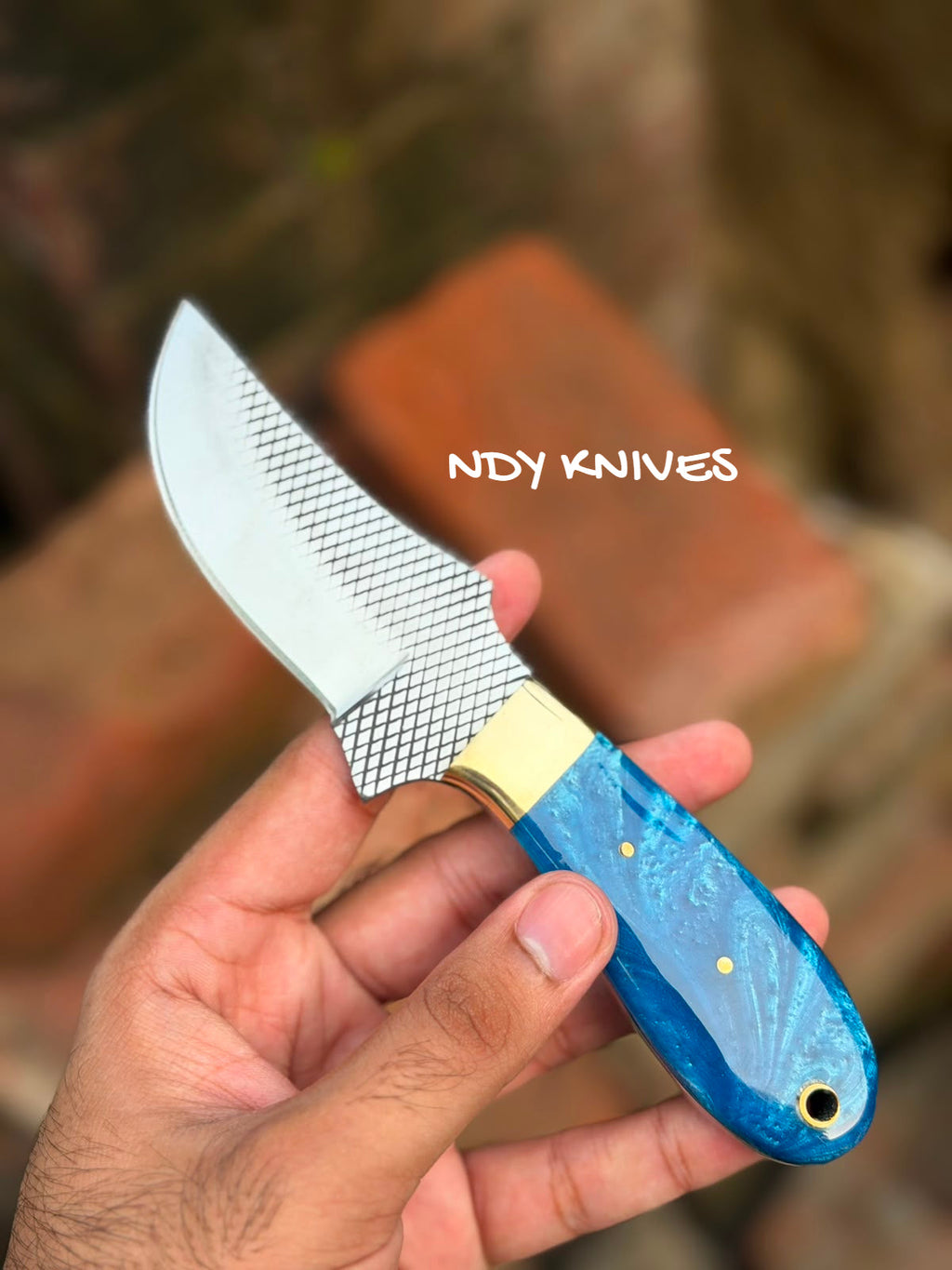 7" High-Carbon Rasp Steel Cowboy Knife with Swirling Ocean Blue Handle