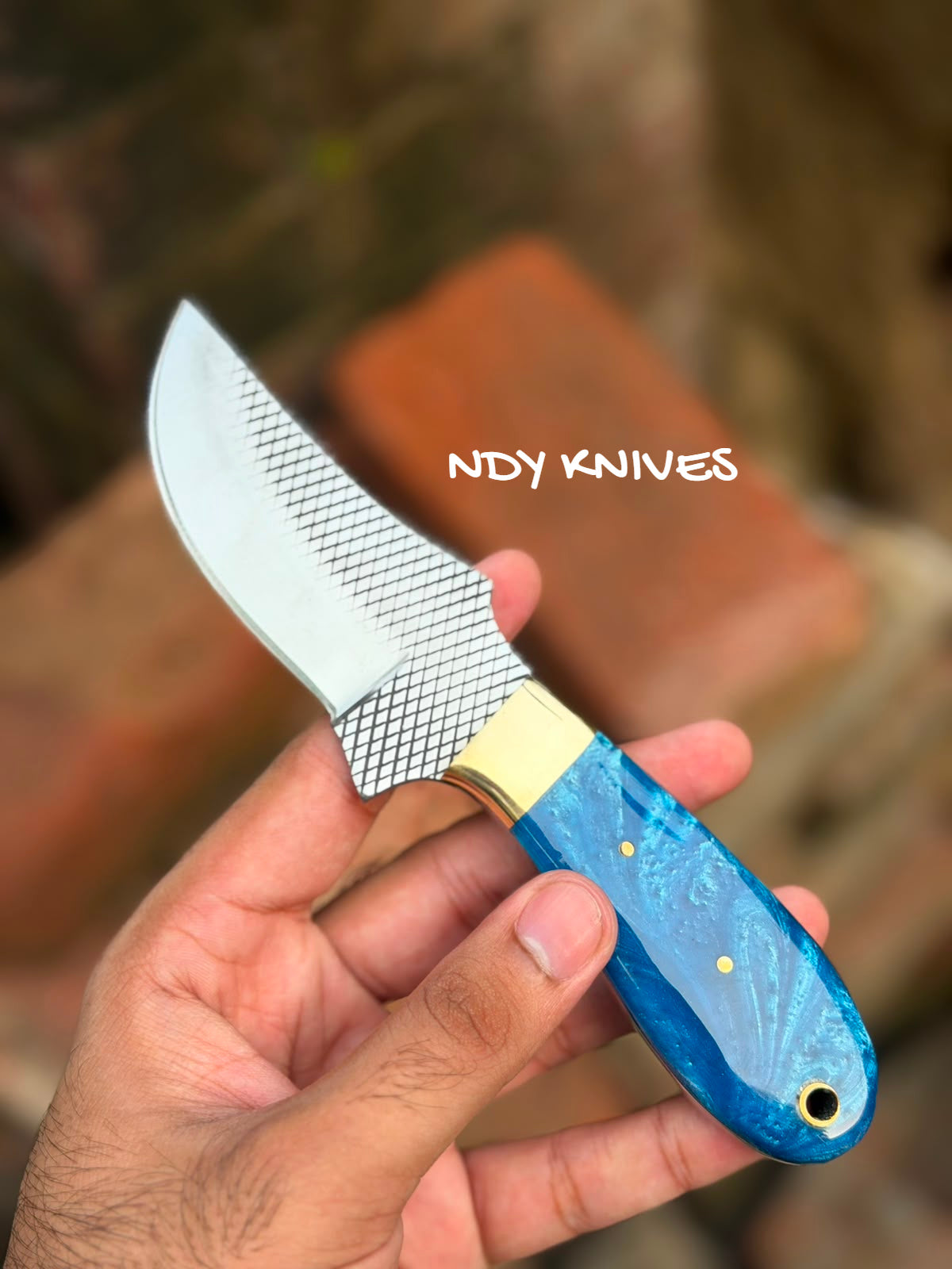 7" High-Carbon Rasp Steel Cowboy Knife with Swirling Ocean Blue Handle