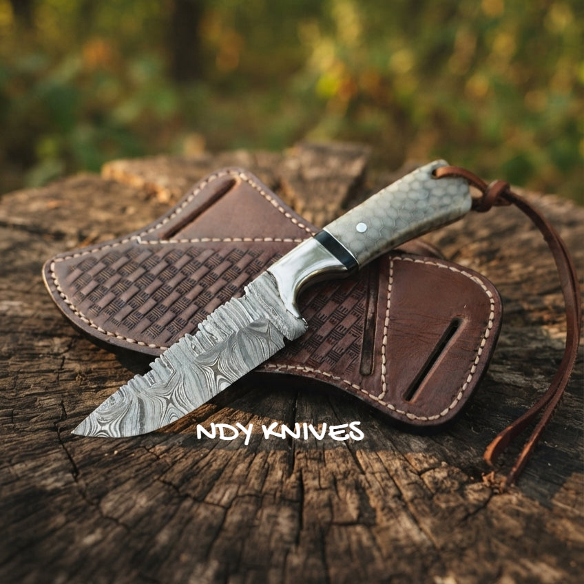 8" Damascus Steel Cowboy Knife with Pearl Honeycomb Handle