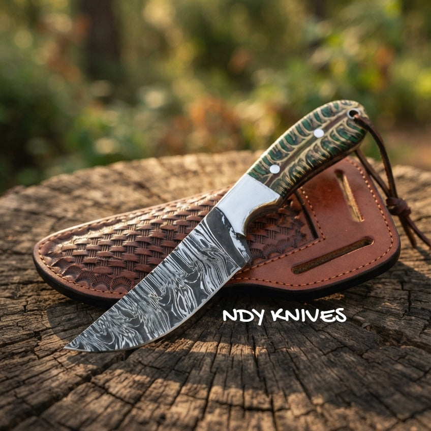 8" Damascus Steel Cowboy Knife with Green Pinecone Resin Handle