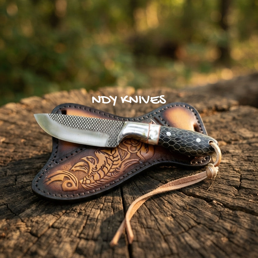 8" High-Carbon Rasp Steel Cowboy Knife with Charcoal Honeycomb Handle