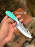 8" High-Carbon Rasp Steel Gut Hook Cowboy Knife with Turquoise Resin Handle