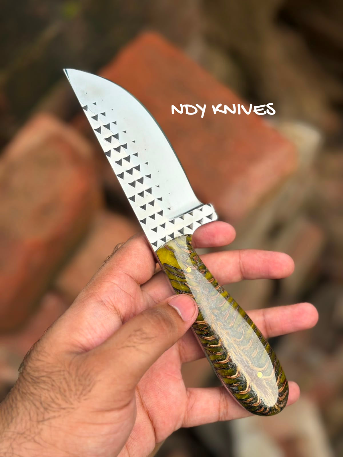 8" High-Carbon Rasp Steel Cowboy Knife with Olive Green Pinecone Handle
