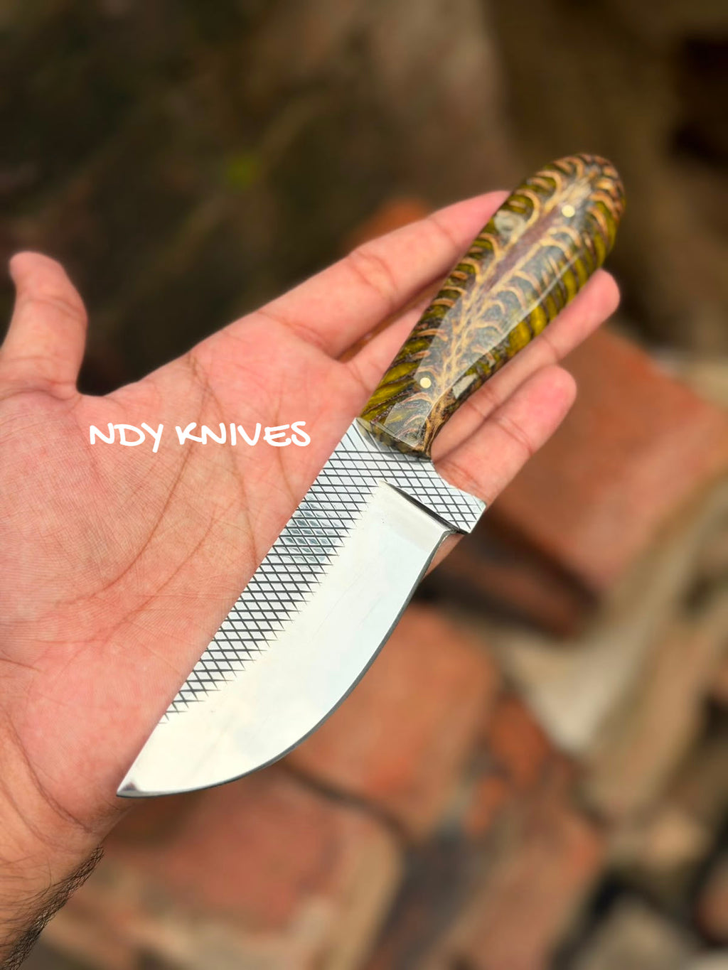 8" High-Carbon Rasp Steel Cowboy Knife with Olive Green Pinecone Handle