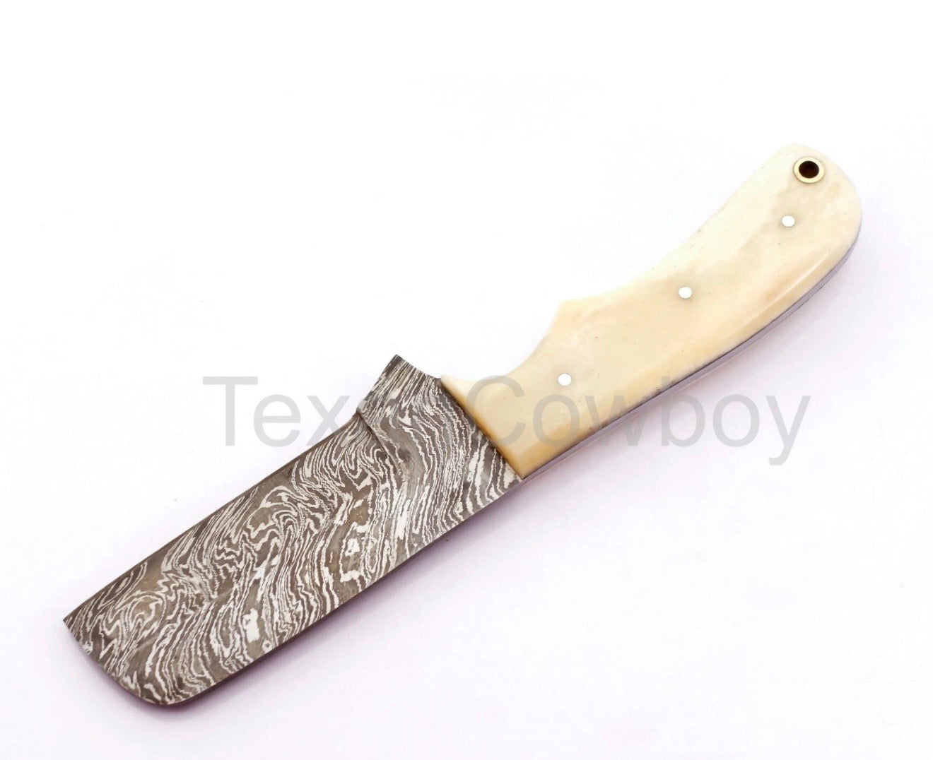Damascus Camel Bone Tanto Bull Cutter with a Sharp Angular Point