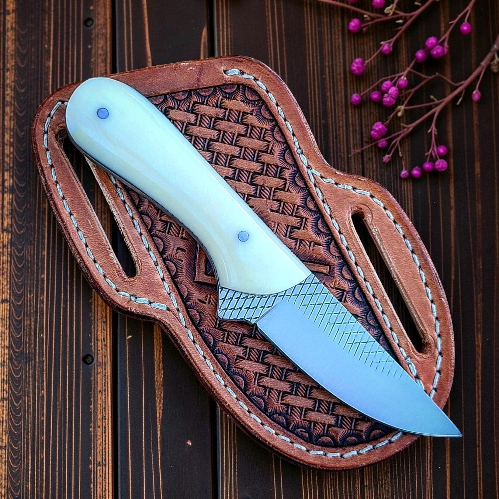 The Calamity Jane – Custom Handmade Farrier Rasp Steel Ranch Knife with Bone Handle & Leather Sheath