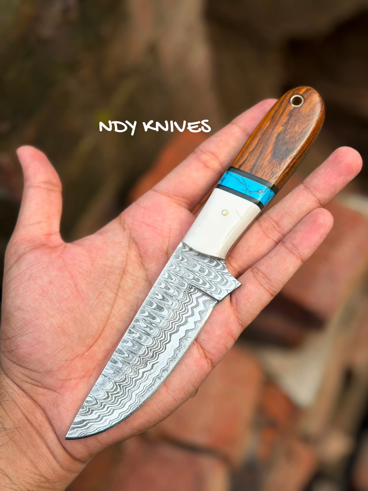 8" Damascus Steel Cowboy Skinner with Rosewood, Turquoise & Bone Handle