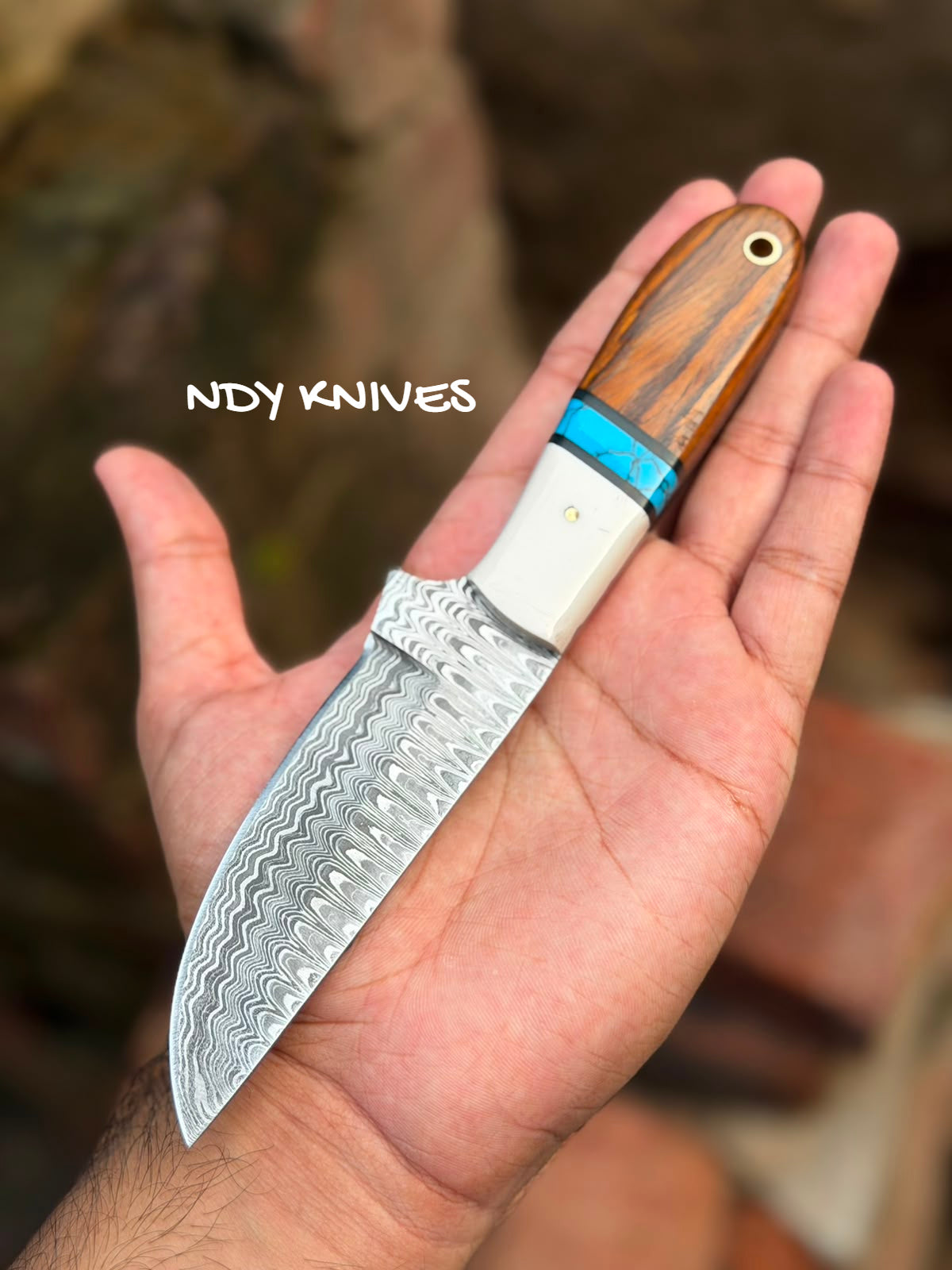 8" Damascus Steel Cowboy Skinner with Rosewood, Turquoise & Bone Handle